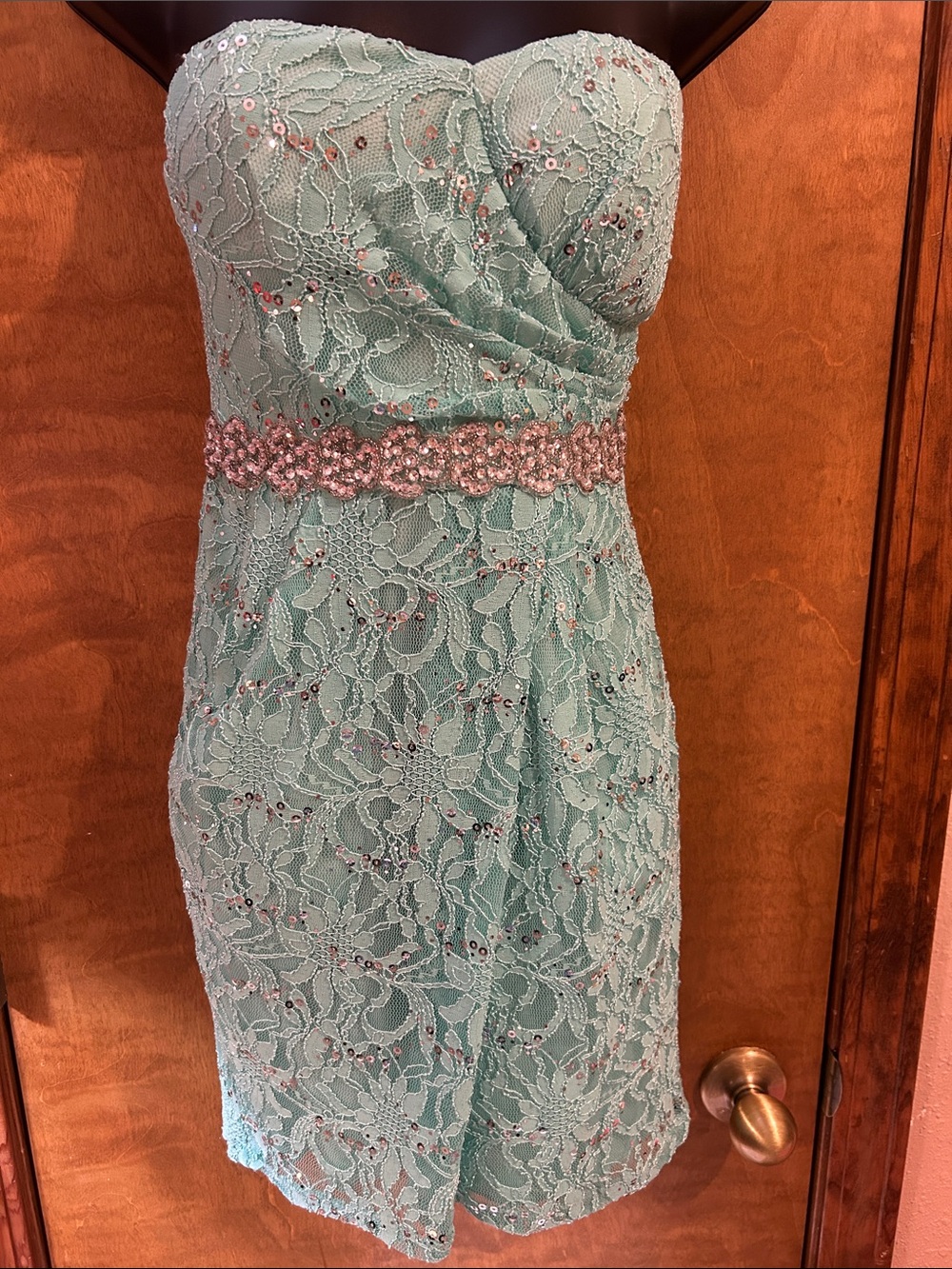 Strapless Cocktail Dress in Mint with Beaded Waist - Homecoming